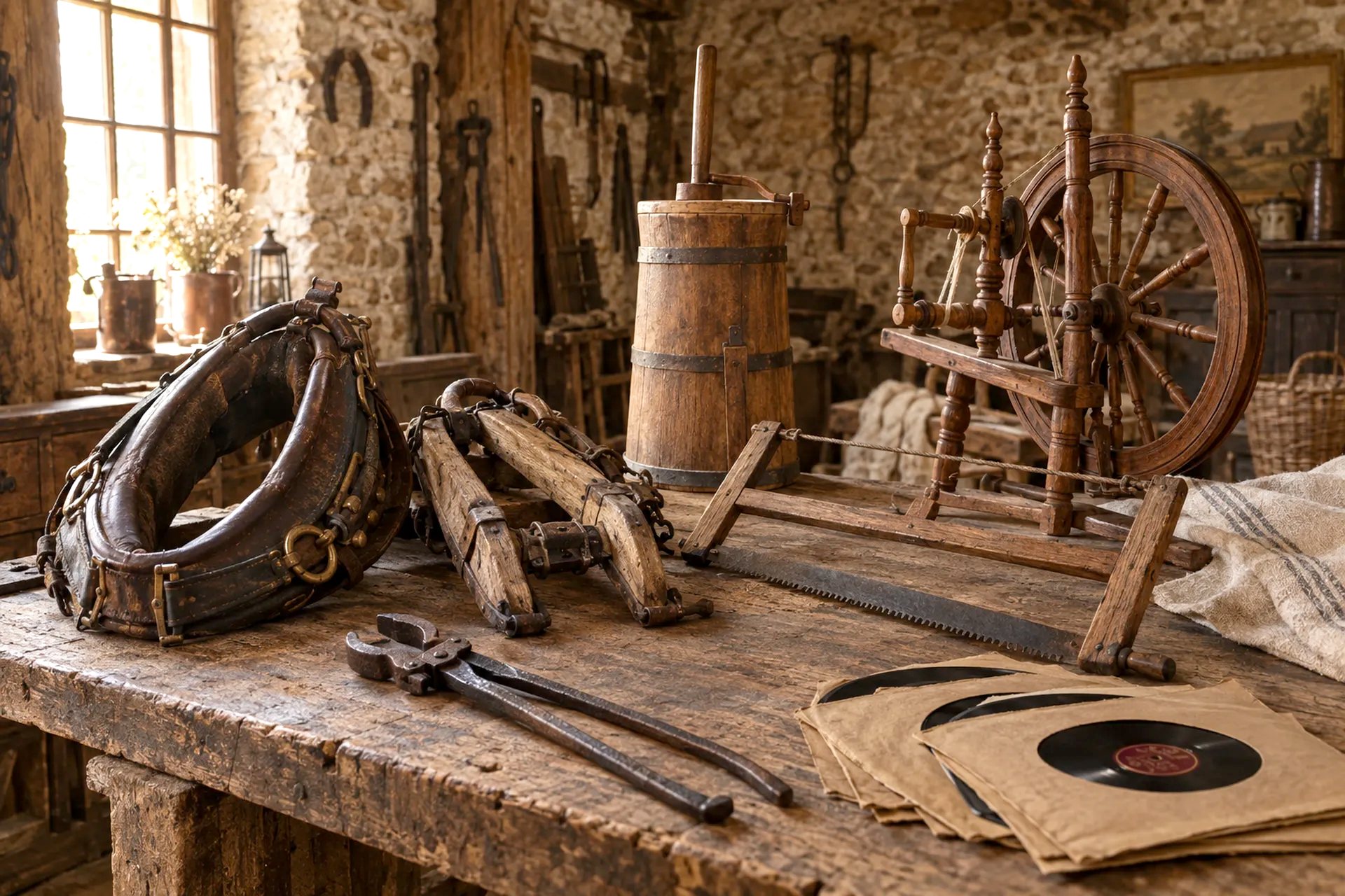 Établi ancien garni d'un collier de cheval, d'un rouet, d'une baratte et d'outils d'atelier